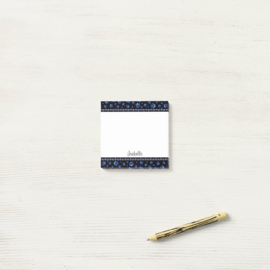 Aangepaste naam, blauwe glitter-hondenpoten post-it® notes (Op bureau)