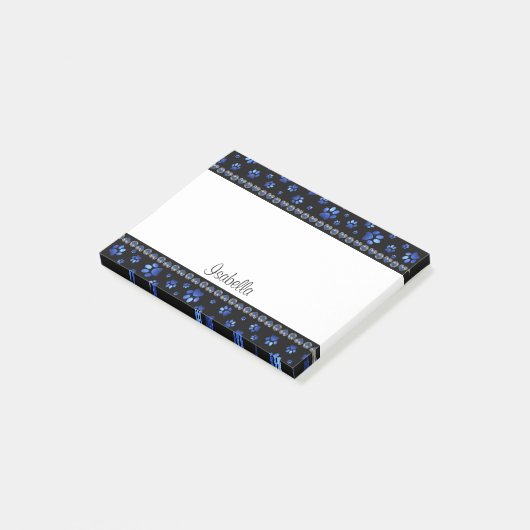 Aangepaste naam, blauwe glitter-hondenpoten post-it® notes (Schuin)