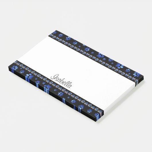 Aangepaste naam, blauwe glitter-hondenpoten post-it® notes (Schuin)