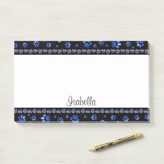 Aangepaste naam, blauwe glitter-hondenpoten post-it® notes (Op bureau)