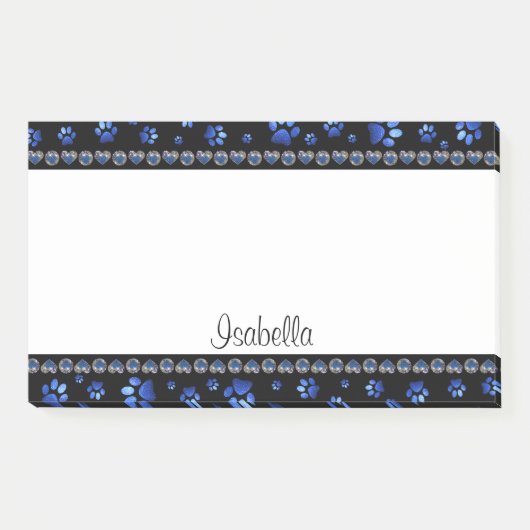 Aangepaste naam, blauwe glitter-hondenpoten post-it® notes (Voorkant)