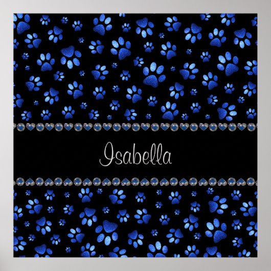 Aangepaste naam, blauwe glitter-hondenpoten poster (Voorkant)