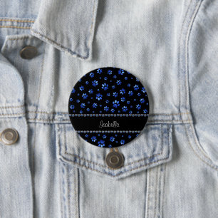 Aangepaste naam, blauwe glitter-hondenpoten ronde button 7,6 cm