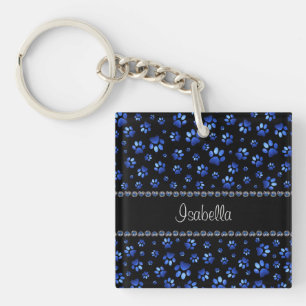 Aangepaste naam, blauwe glitter-hondenpoten sleutelhanger