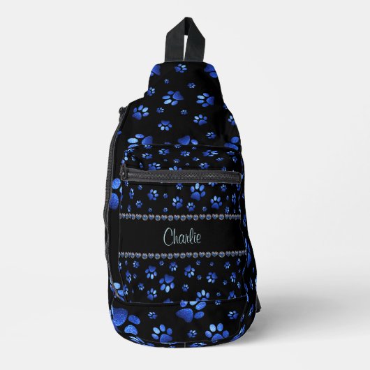 Aangepaste naam, blauwe glitter-hondenpoten sling bag (Voorkant)