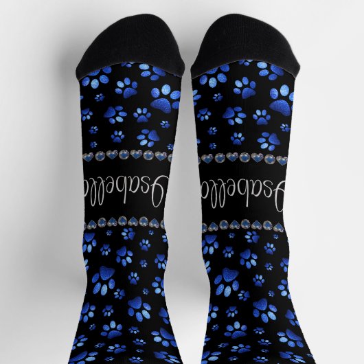Aangepaste naam, blauwe glitter-hondenpoten sokken (Top)