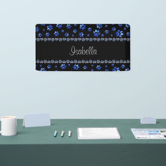 Aangepaste naam, blauwe glitter-hondenpoten spandoek (Beurs)