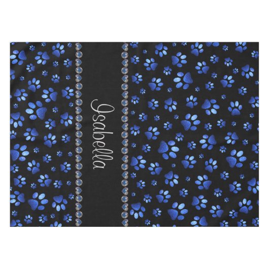 Aangepaste naam, blauwe glitter-hondenpoten tafelkleed (Voorkant (Horizontaal))