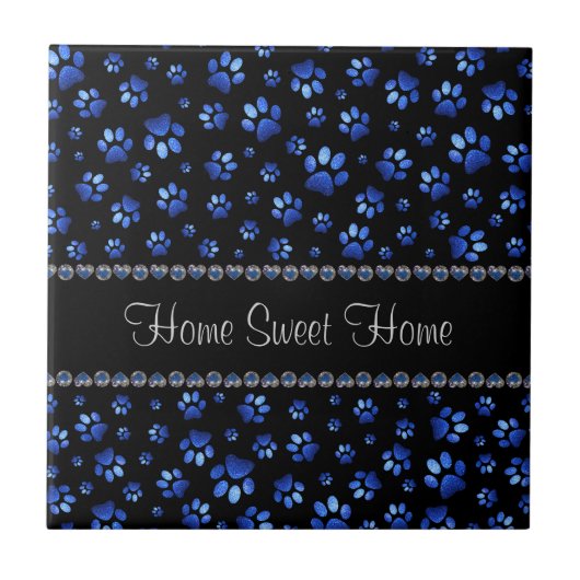 Aangepaste naam, blauwe glitter-hondenpoten tegeltje (Voorkant)