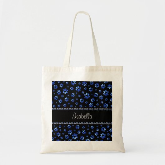 Aangepaste naam, blauwe glitter-hondenpoten tote bag (Voorkant)