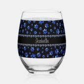 Aangepaste naam, blauwe glitter-hondenpoten wijnglas zonder voet (Voorkant)