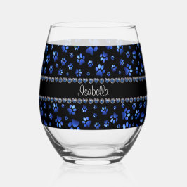 Aangepaste naam, blauwe glitter-hondenpoten wijnglas zonder voet