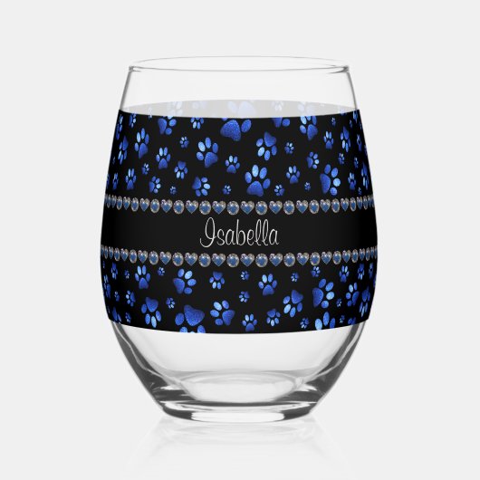 Aangepaste naam, blauwe glitter-hondenpoten wijnglas zonder voet (Achterkant)
