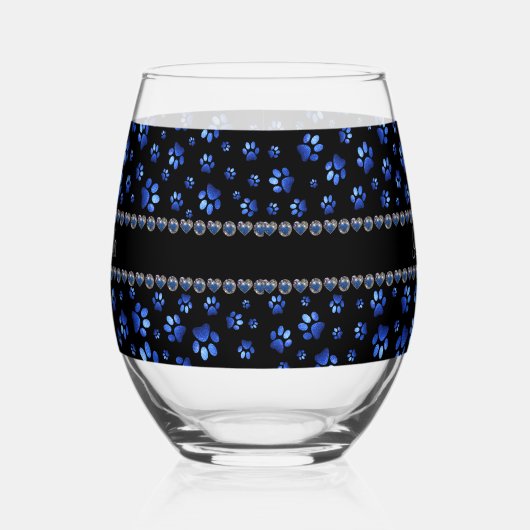 Aangepaste naam, blauwe glitter-hondenpoten wijnglas zonder voet (Links)