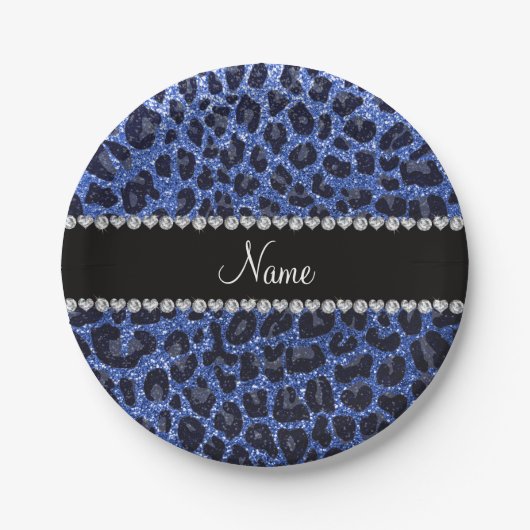 Aangepaste naam: blauwe glitter leopard print papieren bordje (Voorkant)