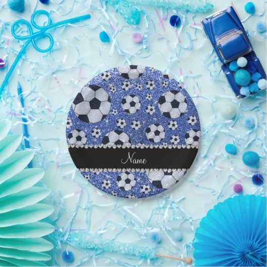 Aangepaste naam blauwe glitter voetballen papieren bordje (Feest)