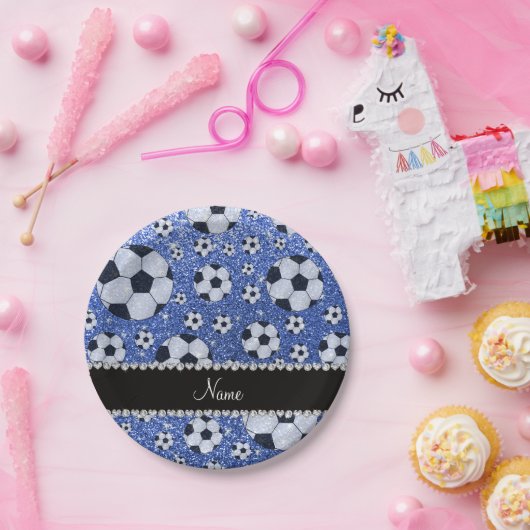 Aangepaste naam blauwe glitter voetballen papieren bordje (Feest)