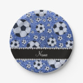 Aangepaste naam blauwe glitter voetballen papieren bordje (Voorkant)