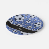 Aangepaste naam blauwe glitter voetballen papieren bordje (Gekanteld)