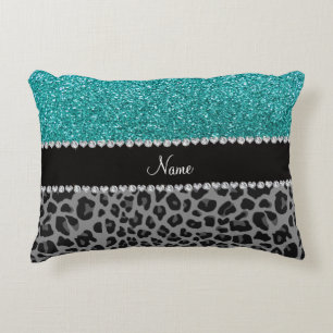 Aangepaste naam blauwe glitter zwarte luipaard accent kussen