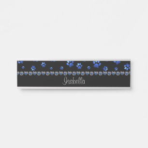 Aangepaste naam, blauwe glitters hondenpoten deurbordje
