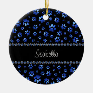 Aangepaste naam, blauwe glitters hondenpoten keramisch ornament