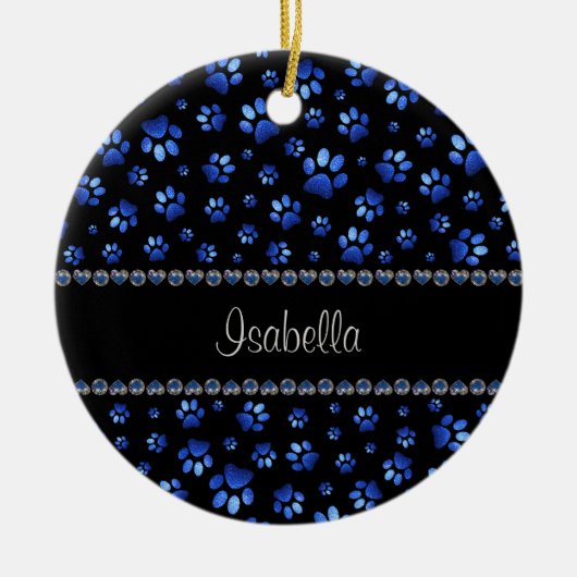 Aangepaste naam, blauwe glitters hondenpoten keramisch ornament (Voorkant)