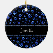 Aangepaste naam, blauwe glitters hondenpoten keramisch ornament (Achterkant)