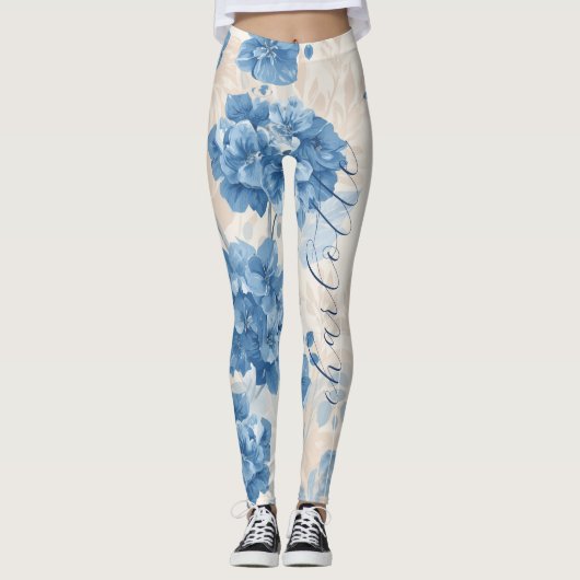 Aangepaste naam Blauwe Hortensia Botanisch Leggings (Voorkant)