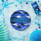 Aangepaste naam blauwe kamouflage streep papieren bordje (Feest)