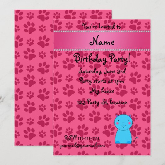 Aangepaste naam blauwe roze kattenpoten kaart (Voorkant / Achterkant)