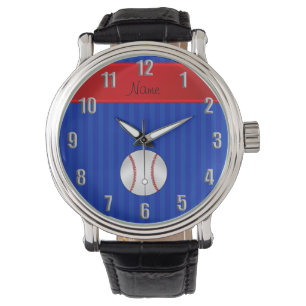 Aangepaste naam blauwe strepen honkbal horloge