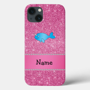 Aangepaste naam blauwe vernauwde roze glitter iPhone 13 hoesje