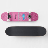 Aangepaste naam blauwe vernauwde roze glitter persoonlijk skateboard (Horizontaal)