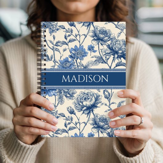 Aangepaste naam Blauwe Vintage Bloemen | Monogram Notitieboek