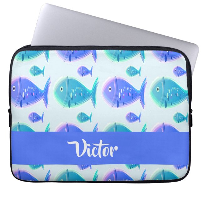 Aangepaste naam blauwe vis laptop sleeve (Voorkant)