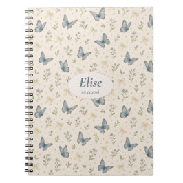 Aangepaste naam Blauwe Vlinder Boog Vintage Bloem Notitieboek