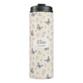 Aangepaste naam Blauwe Vlinder Boog Vintage Bloem Thermosbeker