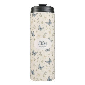 Aangepaste naam Blauwe Vlinder Boog Vintage Bloem Thermosbeker