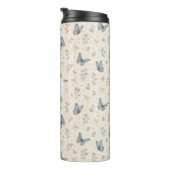 Aangepaste naam Blauwe Vlinder Boog Vintage Bloem Thermosbeker (Geroteerd rechts)