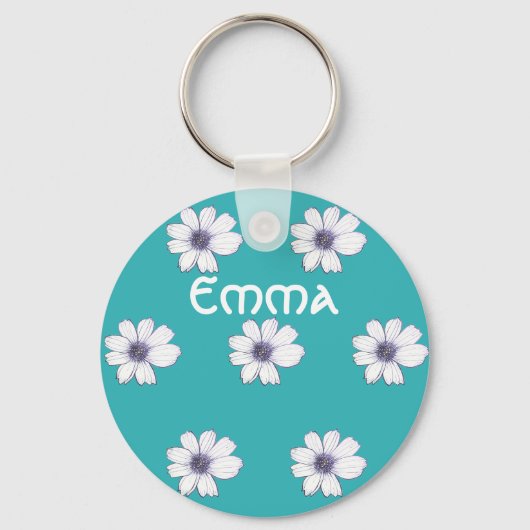 Aangepaste naam Blauwgroen bloempatroon Button Bel Sleutelhanger (Voorkant)