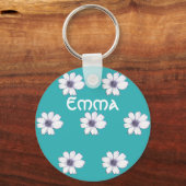 Aangepaste naam Blauwgroen bloempatroon Button Bel Sleutelhanger (Voorkant)