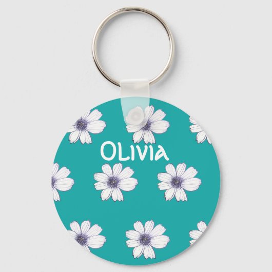 Aangepaste naam Blauwgroen bloempatroon Button Bel Sleutelhanger (Voorkant)