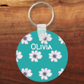 Aangepaste naam Blauwgroen bloempatroon Button Bel Sleutelhanger (Voorkant)