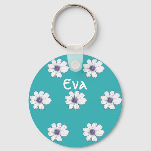 Aangepaste naam Blauwgroen bloempatroon Button Bel Sleutelhanger (Voorkant)
