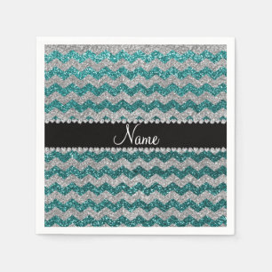 Aangepaste naam blauwgroen zilverglitterchevrons servet