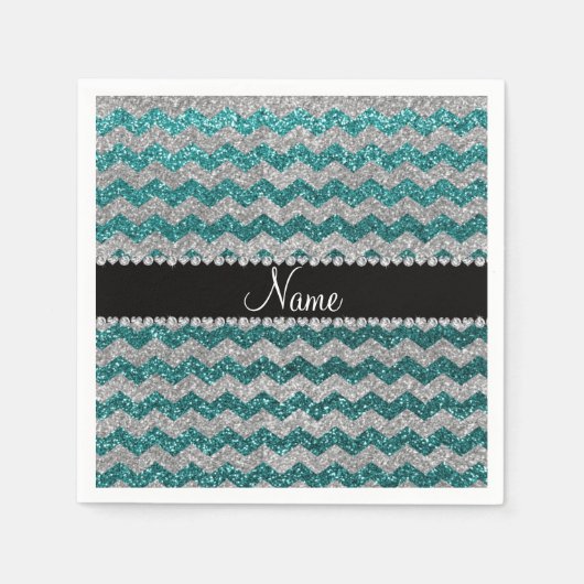 Aangepaste naam blauwgroen zilverglitterchevrons servet (Voorkant)