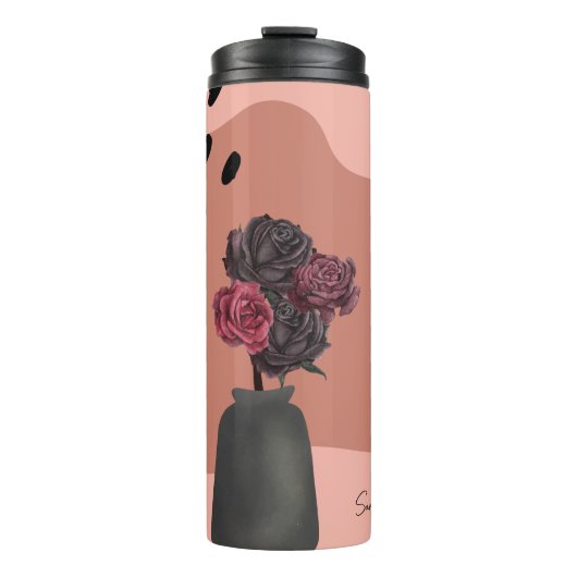 Aangepaste naam bloem met zwarte bloemen roze thermosbeker (Voorkant)