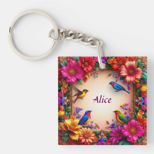 🌸 Aangepaste naam bloem vogel ontwerp natuur cade Sleutelhanger (voorkant)