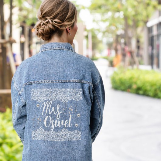 Aangepaste naam Bloemen Kant parels Bruid Denim Jacket